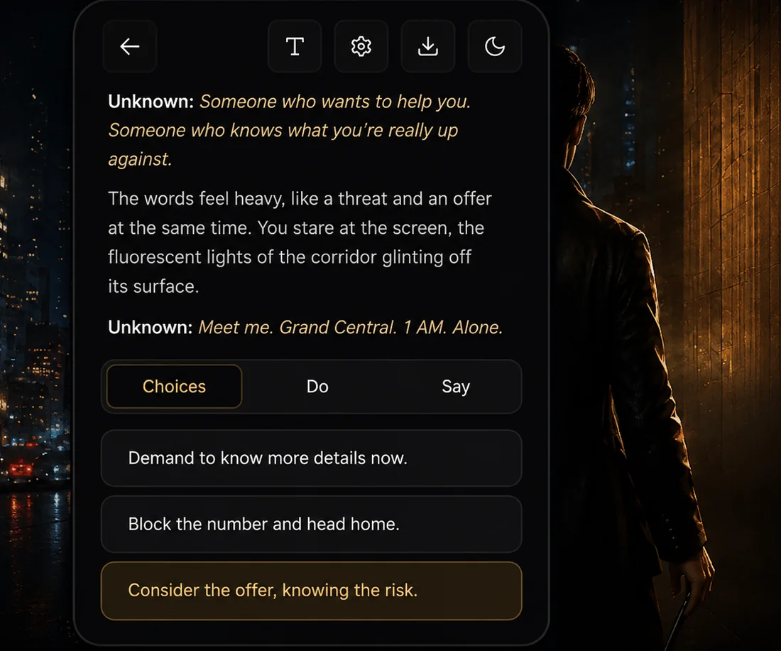 Plotwist interactive story screen with choices inside a cinematic scene.