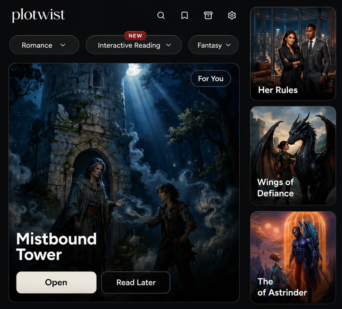 Plotwist story library showing several cinematic story choices.